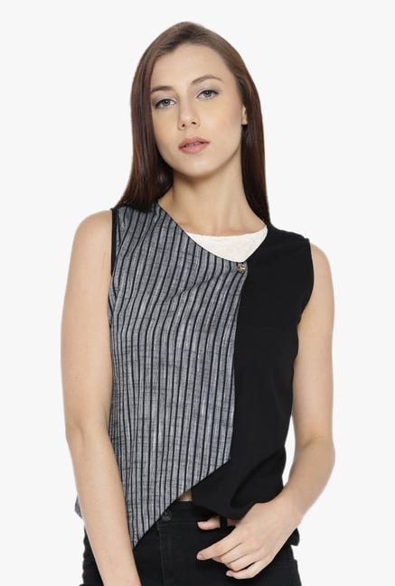 Desi Fusion Black & Grey Striped Rayon Waistcoat Desi Fusion Black & Grey Striped Rayon Waistcoat