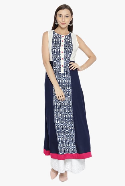 Desi Fusion Navy Printed Cotton A-Line Kurta Desi Fusion Navy Printed Cotton A-Line Kurta