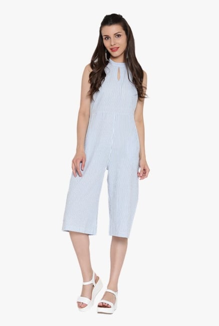 Desi Fusion White & Blue Striped Cotton Jumpsuit Desi Fusion White & Blue Striped Cotton Jumpsuit