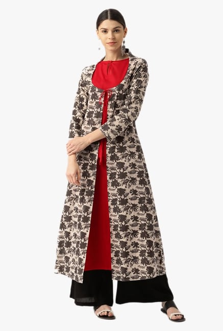 Desi Fusion Red & Brown Printed Cotton A-Line Kurta Desi Fusion Red & Brown Printed Cotton A-Line Kurta