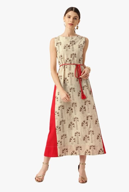 Desi Fusion Beige Floral Print Cotton A-Line Dress Desi Fusion Beige Floral Print Cotton A-Line Dress