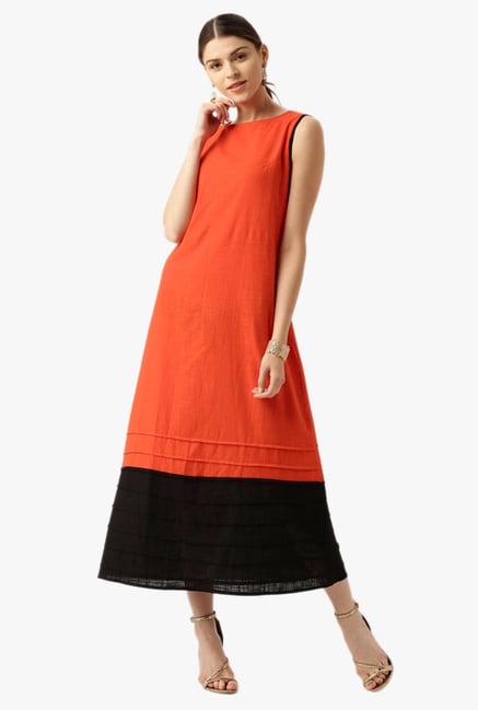 Desi Fusion Orange & Black Textured Cotton Dress Desi Fusion Orange & Black Textured Cotton Dress