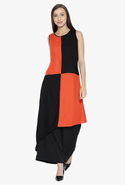 Desi Fusion Orange & Black Cotton A-Line Kurta Desi Fusion Orange & Black Cotton A-Line Kurta