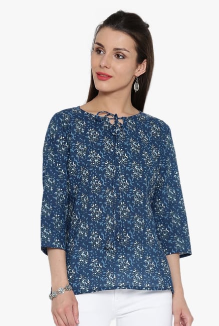 Desi Fusion Blue Printed Cotton Top Desi Fusion Blue Printed Cotton Top