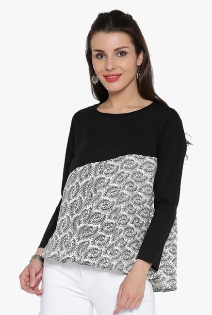 Desi Fusion Black & White Printed Cotton Top Desi Fusion Black & White Printed Cotton Top