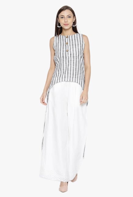 Desi Fusion White & Grey Striped Cotton High-Low Kurta Desi Fusion White & Grey Striped Cotton High-Low Kurta