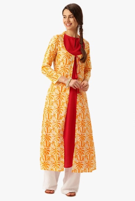 Desi Fusion Red & Yellow Printed Cotton Kurta With Shrug Desi Fusion Red & Yellow Printed Cotton Kurta With Shrug