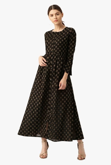 Desi Fusion Black Printed Cotton A-Line Dress Desi Fusion Black Printed Cotton A-Line Dress