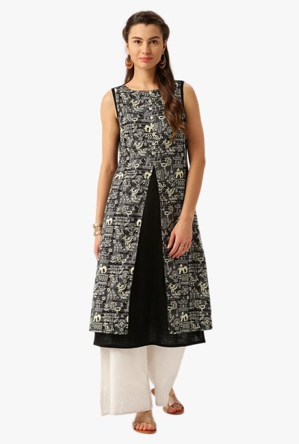 Desi Fusion Black & Grey Printed Cotton A-Line Kurta Desi Fusion Black & Grey Printed Cotton A-Line Kurta