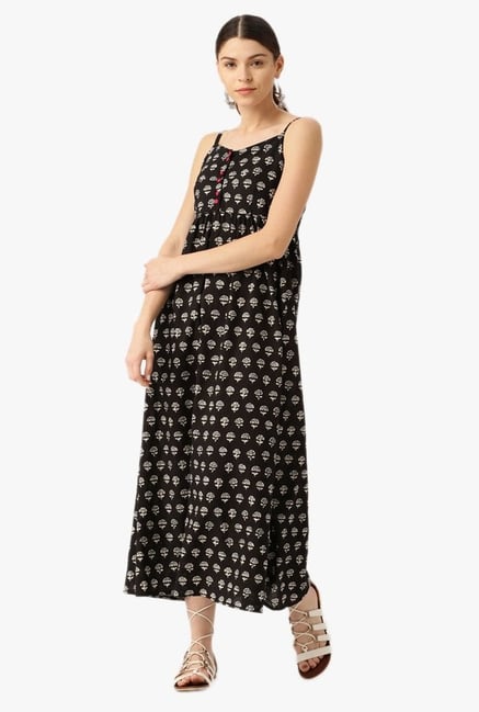 Desi Fusion Black Printed Cotton A-Line Dress Desi Fusion Black Printed Cotton A-Line Dress