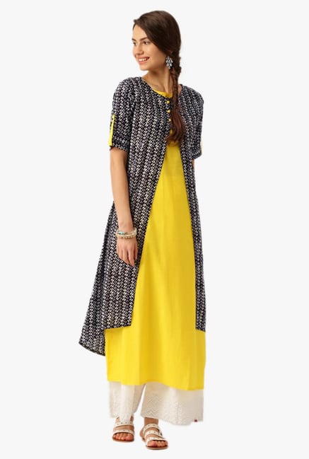 Desi Fusion Yellow & Black Printed Cotton Kurta With Jacket Desi Fusion Yellow & Black Printed Cotton Kurta With Jacket