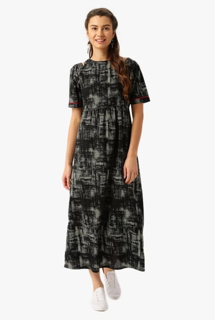 Desi Fusion Black Printed Cotton Maxi Dress Desi Fusion Black Printed Cotton Maxi Dress