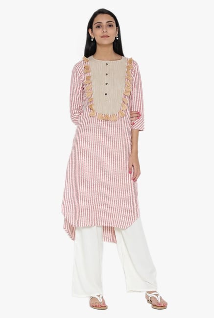 Desi Fusion White & Pink Striped Cotton Kurta Desi Fusion White & Pink Striped Cotton Kurta