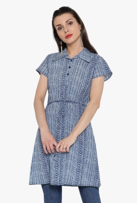 Desi Fusion Blue Printed Cotton Top Desi Fusion Blue Printed Cotton Top