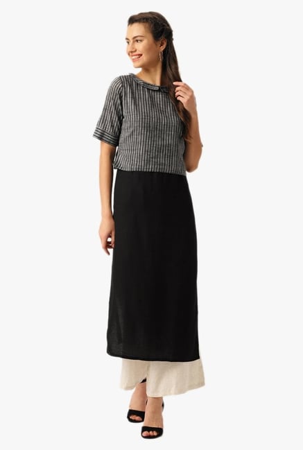 Desi Fusion Black & Grey Striped Cotton Kurta With Jacket Desi Fusion Black & Grey Striped Cotton Kurta With Jacket