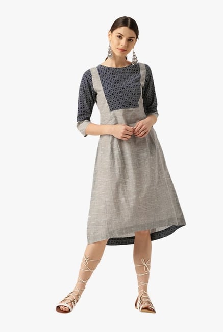 Desi Fusion Grey Textured Cotton A-Line Dress Desi Fusion Grey Textured Cotton A-Line Dress