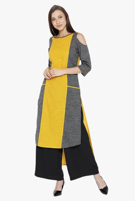 Desi Fusion Yellow & Grey Textured Cotton Straight Kurta Desi Fusion Yellow & Grey Textured Cotton Straight Kurta