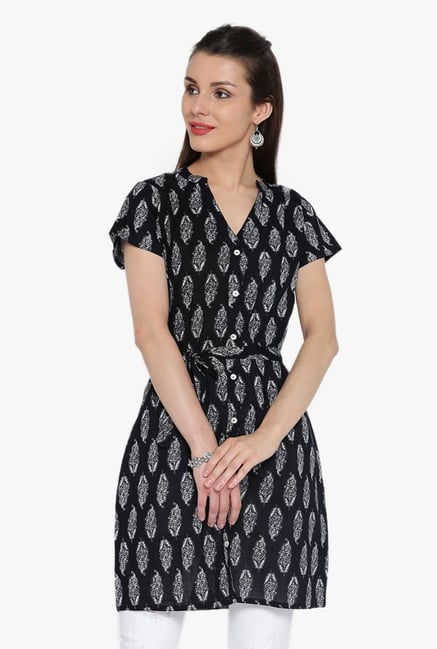 Desi Fusion Black Block Print Cotton Top Desi Fusion Black Block Print Cotton Top