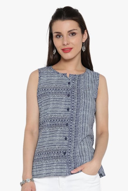 Desi Fusion Blue Printed Cotton Top Desi Fusion Blue Printed Cotton Top