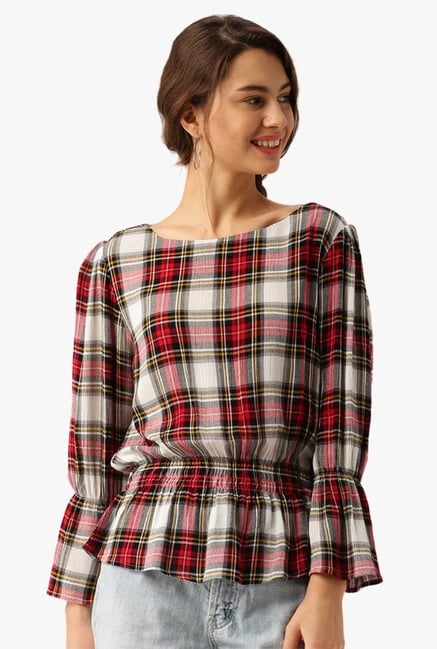 Desi Fusion Red & Off White Checks Rayon Top Desi Fusion Red & Off White Checks Rayon Top