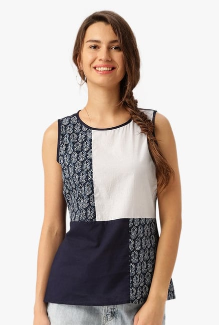 Desi Fusion Navy Printed Cotton Top Desi Fusion Navy Printed Cotton Top