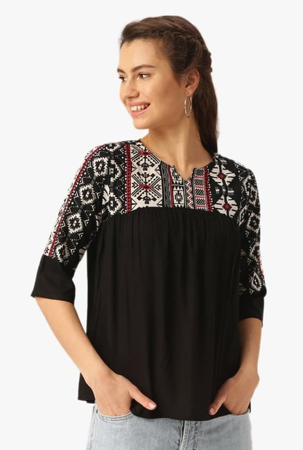 Desi Fusion Black Printed Cotton Top Desi Fusion Black Printed Cotton Top