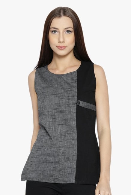 Desi Fusion Grey & Black Textured Cotton Top Desi Fusion Grey & Black Textured Cotton Top