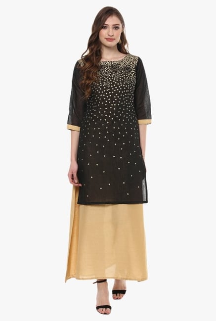 Ziyaa Black Printed Chanderi Double Layered A-Line Kurti Ziyaa Black Printed Chanderi Double Layered A-Line Kurti