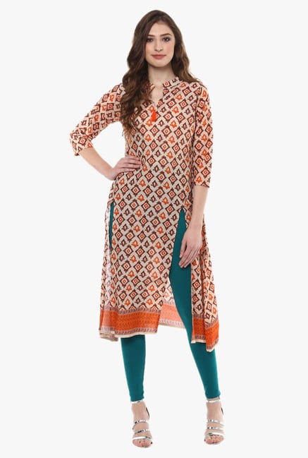 Ziyaa Beige Printed Cotton A-Line Kurta Ziyaa Beige Printed Cotton A-Line Kurta