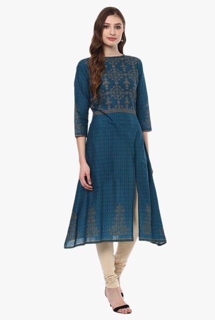 Ziyaa Teal Printed Cotton A-Line Kurta Ziyaa Teal Printed Cotton A-Line Kurta