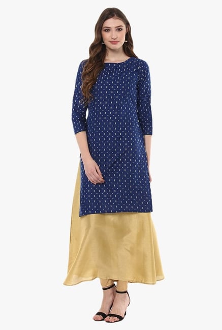 Ziyaa Navy Printed Cotton Double Layered A-Line Kurta Ziyaa Navy Printed Cotton Double Layered A-Line Kurta
