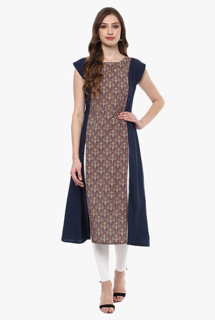 Ziyaa Navy Printed Crepe A-Line Kurta Ziyaa Navy Printed Crepe A-Line Kurta
