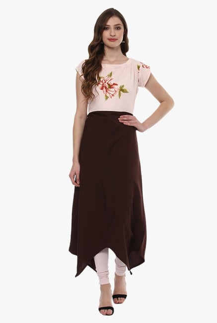Ziyaa Light Pink & Brown Floral Print Crepe A-Line Kurta Ziyaa Light Pink & Brown Floral Print Crepe A-Line Kurta