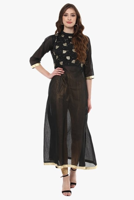 Ziyaa Black Printed Chanderi Flared Kurta Ziyaa Black Printed Chanderi Flared Kurta