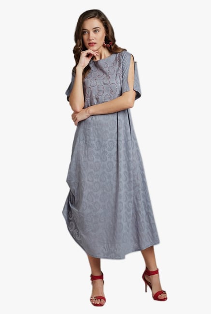 Desi Fusion Grey Paisley Print Cotton Jacquard Dress Desi Fusion Grey Paisley Print Cotton Jacquard Dress