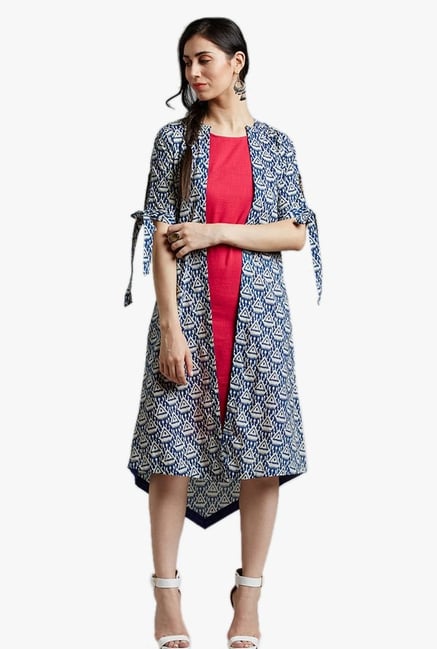 Desi Fusion Blue & Pink Printed Cotton Dress With Shrug Desi Fusion Blue & Pink Printed Cotton Dress With Shrug