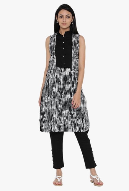 Desi Fusion White & Black Printed Cotton Kurta with Pants Desi Fusion White & Black Printed Cotton Kurta with Pants