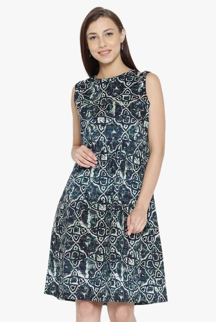 Desi Fusion Navy Printed Cotton A-Line Dress Desi Fusion Navy Printed Cotton A-Line Dress