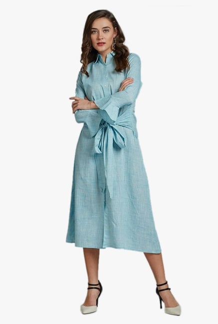 Desi Fusion Blue Textured Cotton Flex Dress With Belt Desi Fusion Blue Textured Cotton Flex Dress With Belt