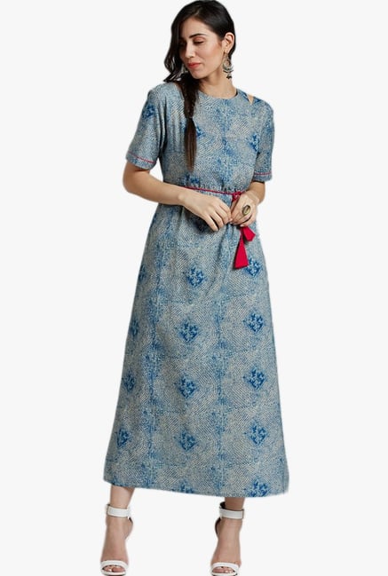Desi Fusion Blue Printed Cotton Dress Desi Fusion Blue Printed Cotton Dress