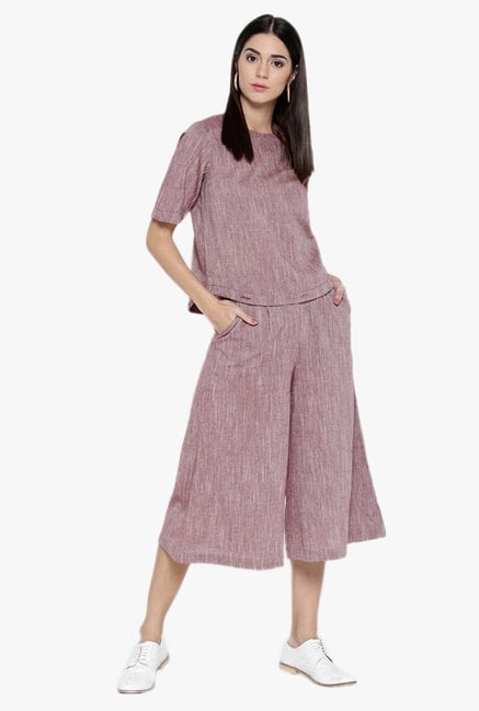 Desi Fusion Pink Textured Cotton Top with Culottes Desi Fusion Pink Textured Cotton Top with Culottes