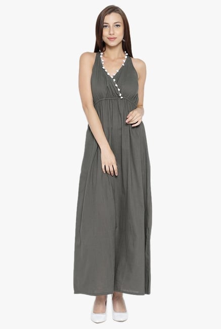 Desi Fusion Grey Textured Cotton Maxi Dress Desi Fusion Grey Textured Cotton Maxi Dress