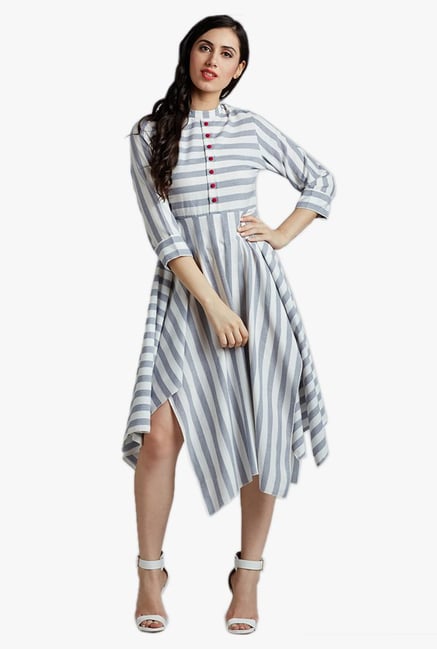 Desi Fusion White & Blue Striped Cotton Dress Desi Fusion White & Blue Striped Cotton Dress
