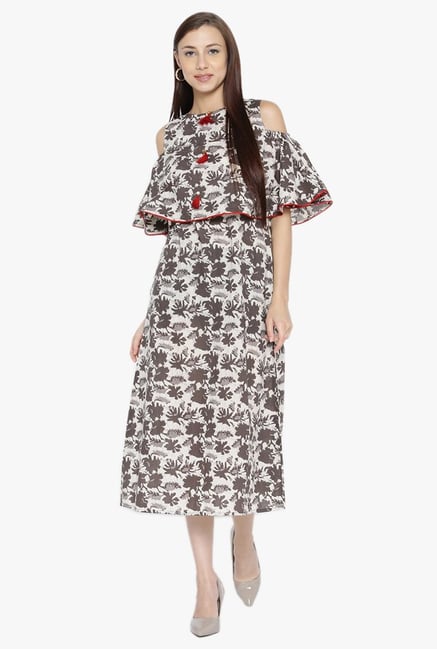 Desi Fusion Brown Printed Cotton A-Line Dress Desi Fusion Brown Printed Cotton A-Line Dress