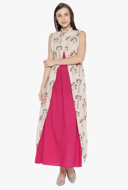 Desi Fusion Beige & Pink Floral Print Cotton Maxi Dress Desi Fusion Beige & Pink Floral Print Cotton Maxi Dress