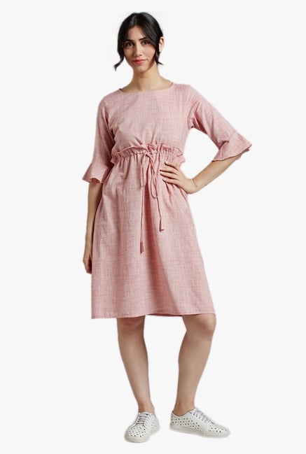 Desi Fusion Pink Textured Cotton Dress Desi Fusion Pink Textured Cotton Dress