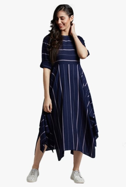 Desi Fusion Blue Striped Cotton Dress Desi Fusion Blue Striped Cotton Dress