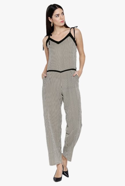 Desi Fusion Beige Striped Cotton Jumpsuit Desi Fusion Beige Striped Cotton Jumpsuit