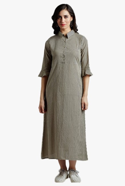 Desi Fusion Cream & Black Striped Cotton Dress Desi Fusion Cream & Black Striped Cotton Dress