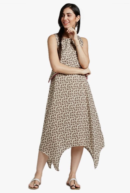Desi Fusion Cream Geometric Print Cotton Dress Desi Fusion Cream Geometric Print Cotton Dress